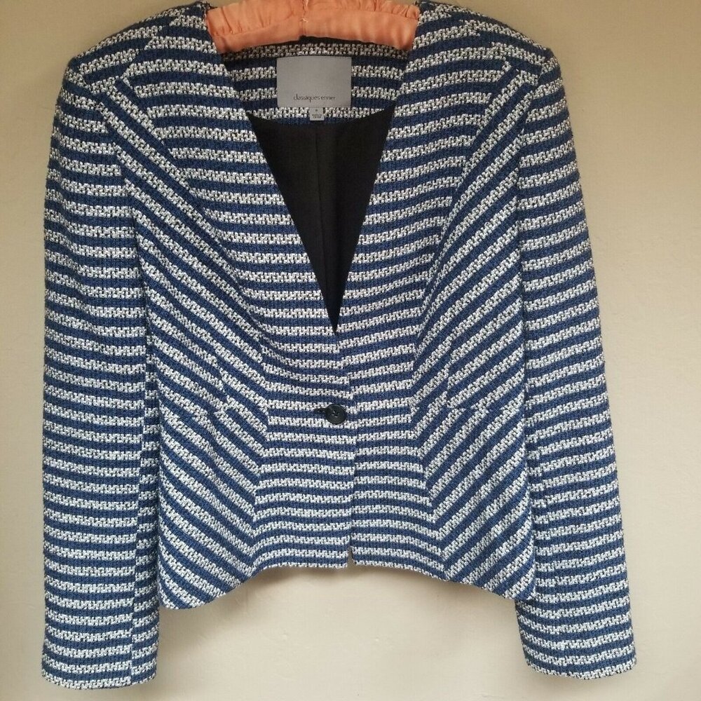 Classiques Entier Womens Striped Tweed Cropped Blazer Sz 6 Blue White One-Button